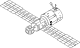 Um diagrama de linha de uma nave espacial DOS. O módulo é constituído por um cilindro escalonado, com dois grandes painéis solares que se projectam a partir dos lados da porção mais estreita do módulo opostas. Um compartimento esférica com cinco portas de encaixe está ligado à extremidade da secção mais estreita, enquanto que uma antena em forma de projectos pirulito radialmente a partir da extremidade da secção mais larga.