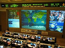 A large room with two banks of computer workstations and their operators visible. On the wall facing these workstations are three large screens displaying a diagram of an orbital ground track, a space station crew and various other pieces of data, with a large ticker above these screens. Advertisement boards are situated below the screens.