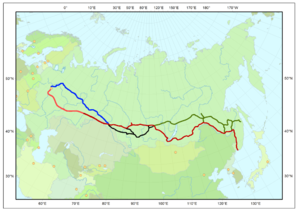 Linha Trans-Siberian em vermelho; Baikal Amur Mainline em verde