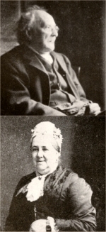imagens de um homem idoso no traje vitoriano, visto de perfil direito, e de uma mulher idosa também em roupas vitorianas, sorrindo para a câmera