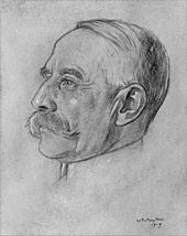 drawing of an ageing man in left profile; he has receding white hair and a large moustache