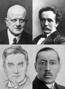 head and shoulders portraits of four men. One is bald; one is balding and luxuriantly moustached; one is a drawing of a young man in full face, with a full head of hair, in collar and tie; the fourth shows a young man, balding and bespectacled looking towards the camera