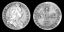 A moeda de prata retratando William III e sua brasão