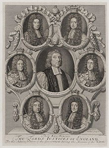 Black and white depiction of six small portraits arrayed in a circle around a larger portrait