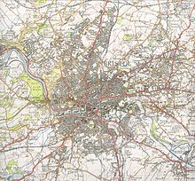 Um velho mapa Ordnance Survey of Bristol, mostrando estradas, ferrovias, rios e contornos.