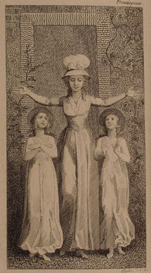 Gravura mostrando uma professora segurando os braços para cima na forma de uma cruz. Há uma criança do sexo feminino em cada lado dela, ambos olhando para ela.