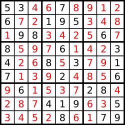 O quebra-cabeça anterior, resolvido com números adicionais que cada preencher um espaço em branco.