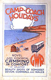 A stylised painting of a coast line in red and blue with the sea on the left and a railway coach on the right. At the top is the title