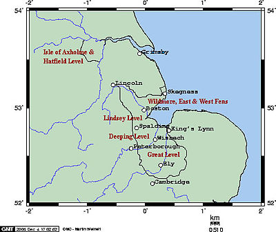 mapa do leste da Inglaterra, mostrando a posição dos Fens