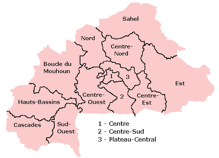 Um mapa clicÃ¡vel de Burkina Faso exibindo suas 13 regiÃµes administrativas.