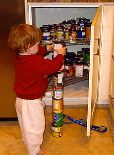 Menino de cabelos vermelhos jovem voltado para longe da câmera, empilhando uma sétima lata no topo de uma coluna de seis latas de comida no chão da cozinha. Uma despensa aberta contém muitos mais latas.