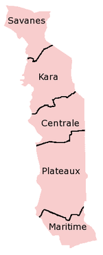 Um mapa clicável de Togo exibindo suas cinco regiões.