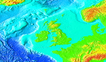 Uma imagem que mostra a prateleira geológica das ilhas britânicas.