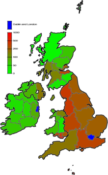 Um mapa das ilhas britânicas mostrando a população relativa densidades em toda a área.