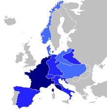 Map of Europe. French Empire shown as bigger than present day France as it included parts of present-day Netherlands and Italy.