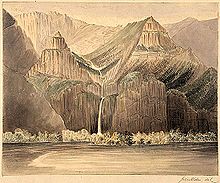 Rendição do artista de uma cachoeira alto e estreito que conecta abaixo de uma série de rocha vertical ou quase enfrenta em um grande rio. Montanhas, em grande parte desprovida de vegetação, subir em ambos os lados da cachoeira e se conectar a uma cadeia de montanhas no fundo.