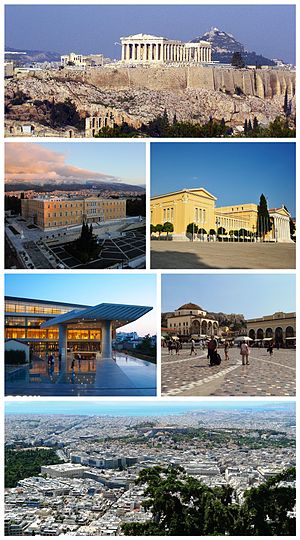 A partir da esquerda: a Acrópole, o Parlamento grego, o Zappeion, o Museu da Acrópole, Monastiraki Square, Atenas vista para o mar.