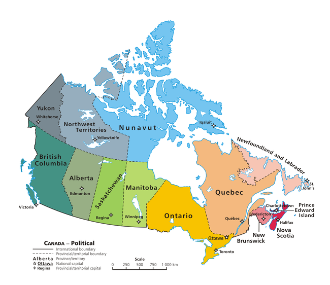 A clickable map of Canada exhibiting its ten provinces and three territories, and their capitals.