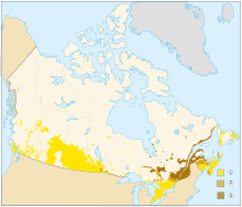 Map of Canada showing distribution of English-speaking, French-speaking and bilingual residents