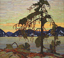 Oil on canvas painting of a tree dominating its rocky landscape during a sunset.