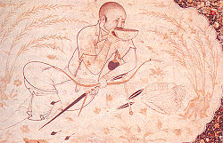 Desenho estilizado de Hulagu, assentado e bebendo de uma bacia