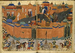Descrição colorida de um cerco medieval, mostrando a cidade de Bagdá cercado por muros, eo exército mongol fora