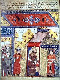 Painting of a stylized building, showing Ghazan kneeling and accepting conversion