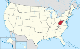 Mapa dos Estados Unidos com West Virginia em destaque