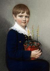 Retrato do comprimento de três quartos de menino sentado sorrindo e olhando para o espectador. Ele tem cabelo castanho médio em linha reta, e veste roupas escuras com um grande colarinho branco com babados. Em seu colo ele segura um pote de plantas com flores