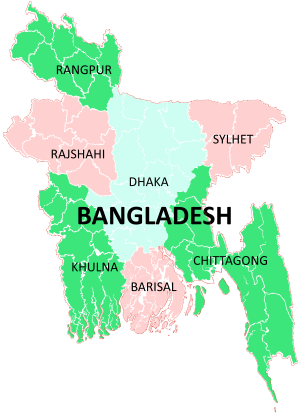 Um mapa clicável de Bangladesh exibindo suas divisões.