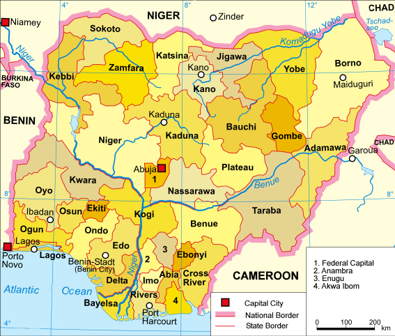 Um mapa clickable da Nigéria exibindo seus 36 estados e no território da capital federal.
