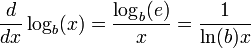 \ Frac {d} {dx} \ log_b (x) = \ frac {\ log_b (e)} {x} = \ frac {1} {\ ln (b) x}