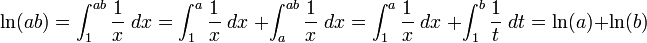 \ Ln (ab) = \ int_1 ^ {ab} \ frac {1} {x} \; dx = \ int_1 ^ a \ frac {1} {x} \; dx \; + \ Int_a ^ {ab} \ frac {1} {x} \; dx = \ int_1 ^ {a} \ frac {1} {x} \; dx \; + \ Int_1 ^ {b} \ frac {1} {t} \; dt = \ ln (a) + \ ln (b)
