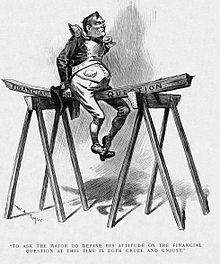 A political cartoon. An imperially confident-looking man in an exaggerated military officer's uniform sits upon a plank of wood marked