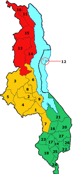 Um mapa clicável do Malawi exibindo seus 28 distritos.