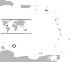 Localização dos municípios especiais dos Países Baixos (verde e circulado) no Caribe (cinza)