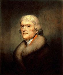 Painting of Jefferson wearing fur collar by Rembrandt Peale, 1805