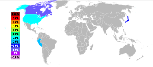 Mapa do mundo cinza e branco, com quatro países coloridos para mostrar a percentagem da produção telúrio todo o mundo. EUA para produzir 40%; Peru 30%; Japão 20% e no Canadá 10%.