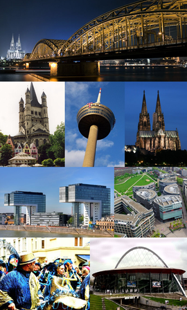 De cima para baixo esquerda: ponte de Hohenzollern por noite, Igreja de São Martinho, Colonius TV-tower, Catedral de Colónia, edifícios Kranhaus em Rheinauhafen, MediaPark, as pessoas comemorando Cologne Carnival, e Kölnarena.