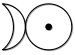 A apontando para a esquerda crescente, tangente à sua direita a um círculo que contém em seu centro um ponto circular sólido