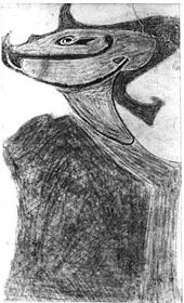 Fotografia em preto-e-branco de um esboço estilizado que descreve uma máscara funerária tribal.