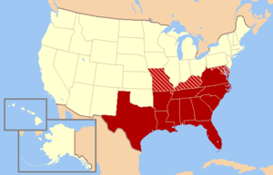 mapa de Estados Unidos com estados do sudeste destaque em tons de vermelho