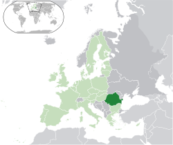 Localização da Roménia (verde escuro): no continente europeu na União Europeia