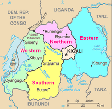 Mapa de Ruanda que mostra as cinco províncias em várias cores, bem como grandes cidades, lagos, rios e áreas de países vizinhos
