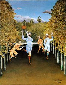 An oil painting of two groups of a pair of moustached men wearing stripped jerseys and shorts, contesting a rugby ball within an avenue of trees.