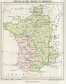 Mapa mostrando século 14-France no verde, com o sudoeste e partes do norte em rosa.