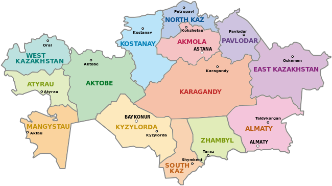 Um mapa clicável do Cazaquistão exibindo suas províncias.