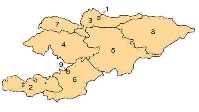 Um mapa clicável do Quirguistão exibindo suas províncias.