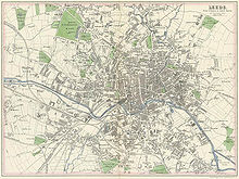 Este mapa mostra Leeds centrais e (no sentido horário do superior esquerdo) os subúrbios em desenvolvimento de Hyde Park, Woodhouse, Sheepscar, New Leeds, Cruz Verde, Hunslet, Holbeck, Wortley, Armley e Burley.