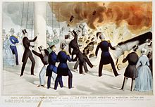 Historical illustration of the Princeton cannon explosion, with dozens of guests aboard. O subtítulo lê